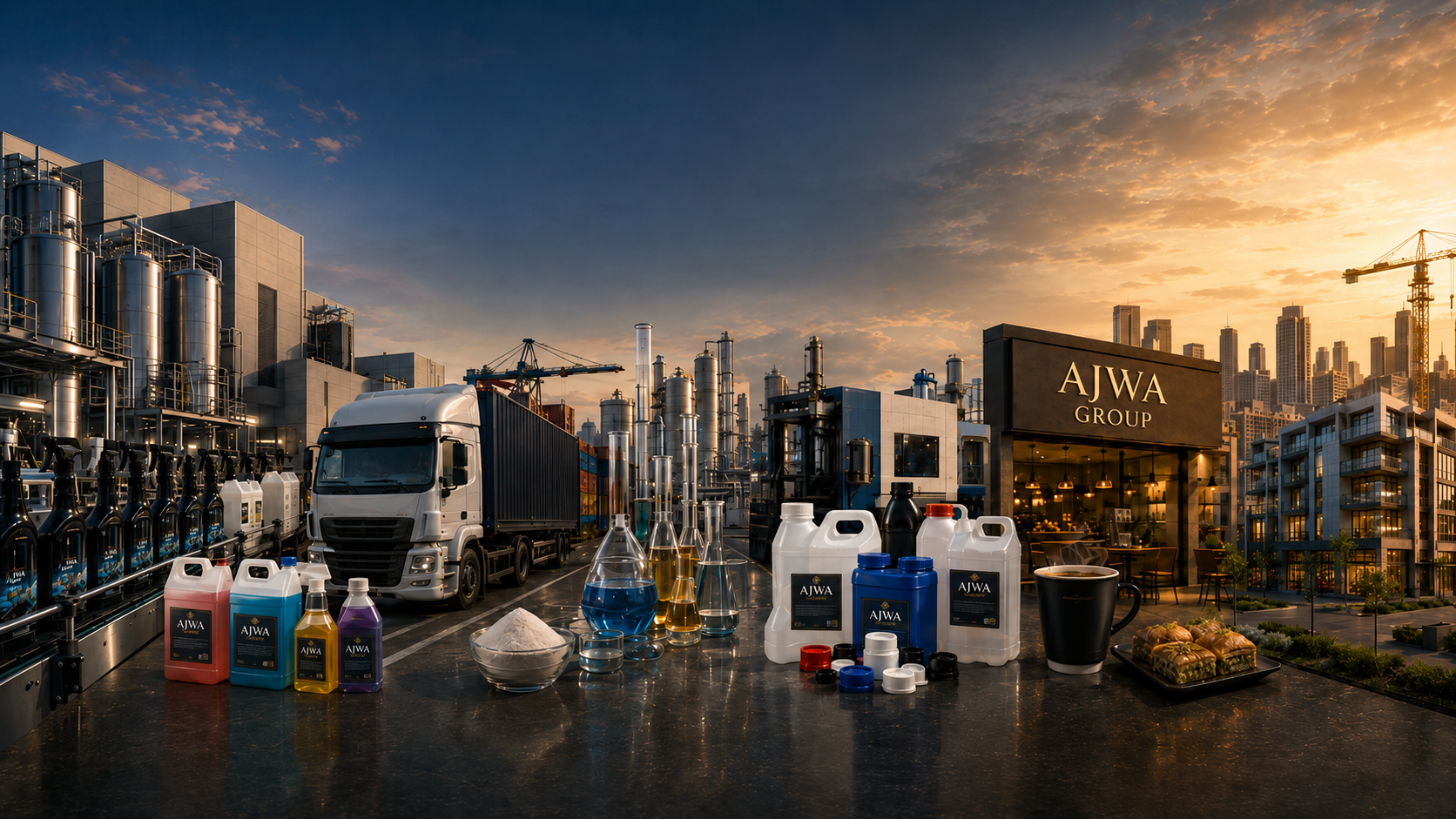 AJWA Group purpose — diversified businesses across manufacturing, trading, real estate, chemicals, packaging and food & beverage